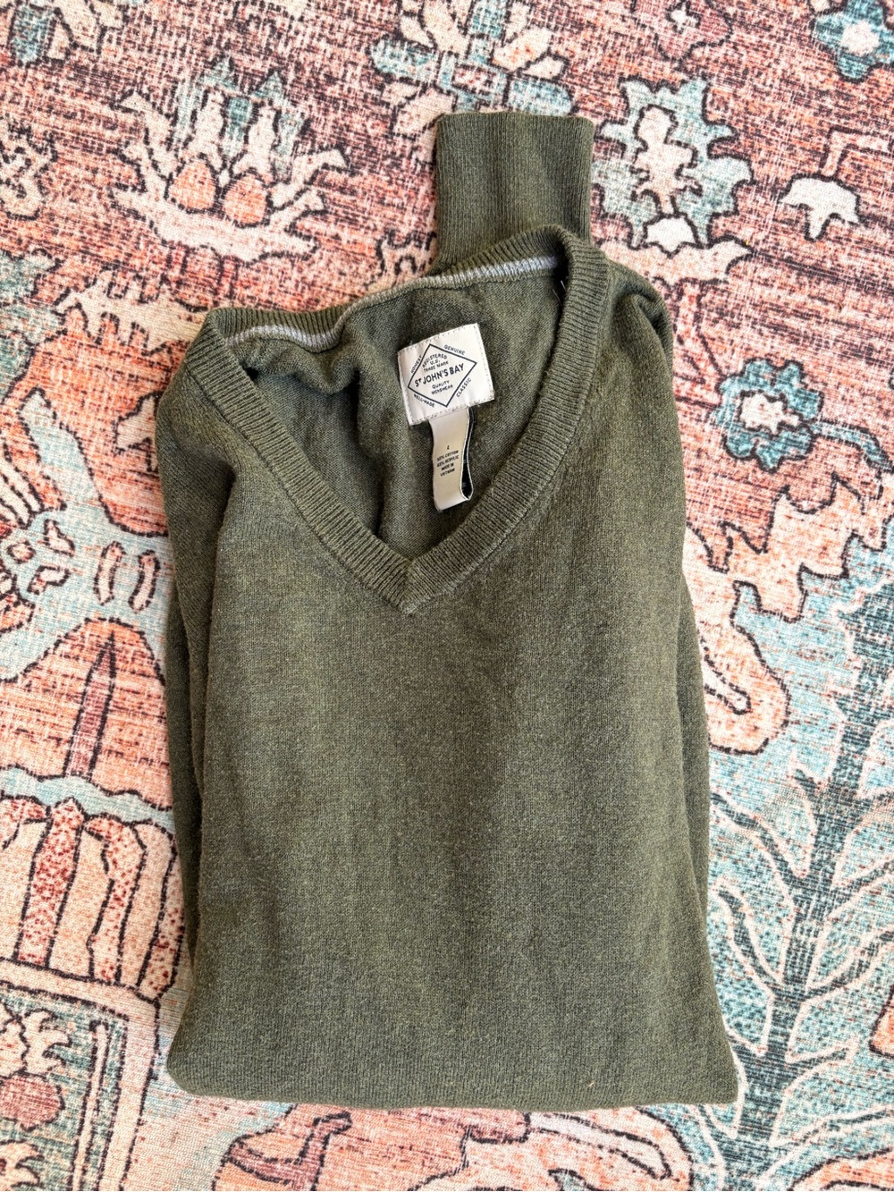 St. John's Bay Men's Olive Green V-Neck Sweater